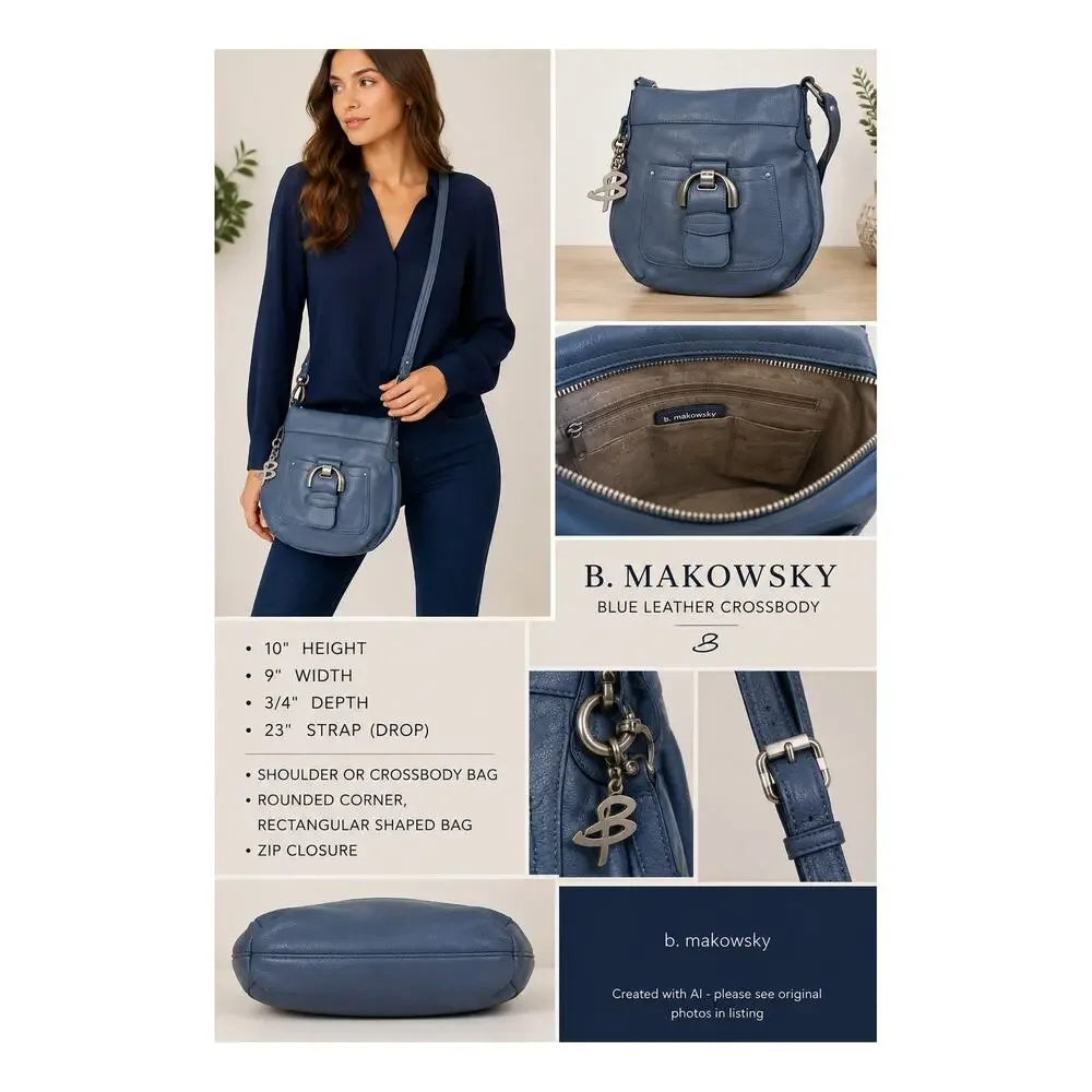 B Makowski Purse Blue Leather Crossbody Silver Hardware Pockets Zip Close Classi